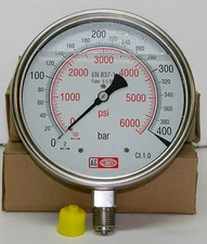 Pressure Gauge: Glycerin Filled, Dual Scale 0-400 BAR & 0-6000 PSI, 150 mm Dial 