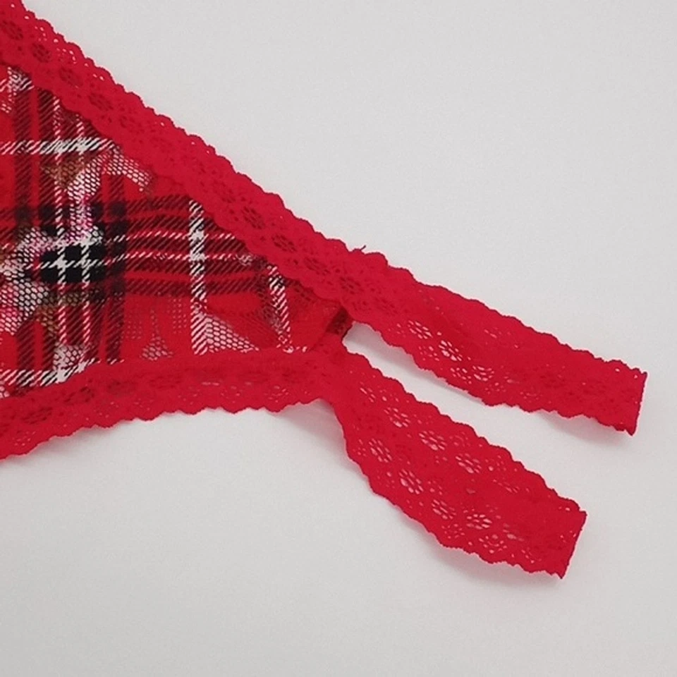 Женские розовые трусики Victorias Secret‎ большие кружевные с ремешками стринги красный перец клетчатые - Изображение 2 из 4