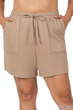 Zenana Cotton Drawstring Waist Shorts with Pockets Ash Mocha Size 1X
