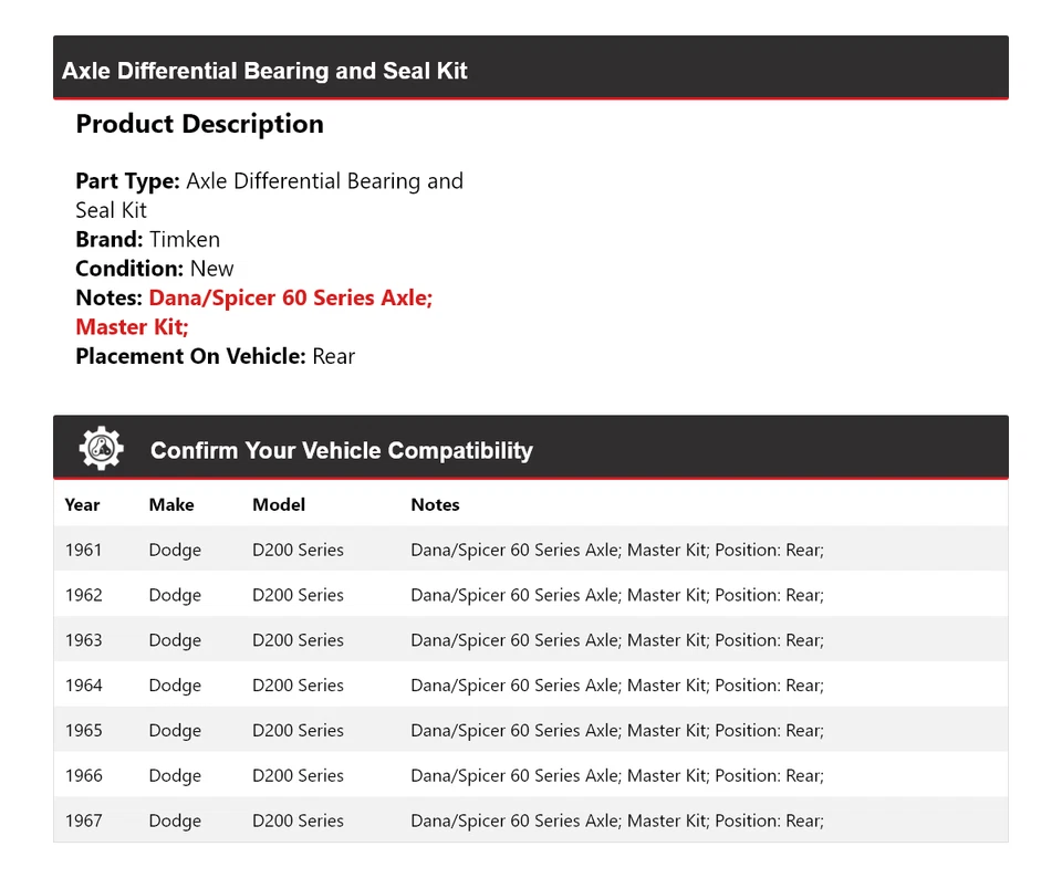 For 1961-67 Dodge D200 Series Axle Differential Bearing and Seal Kit Rear Timken - Image 2 of 3