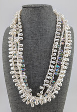 Vintage Multi Strand White Faux Pearl Teardrop Aurora Boralis Beaded Necklace