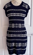 20P CHANEL NAVY BLUE ECRU KNIT SLEEVELESS CC BUTTONS MINI DRESS 38