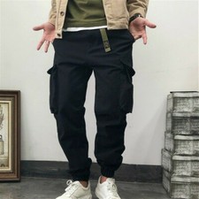 Men Cargo Work Pants with Belt Retro Heavy Duty Trousers Army Multi Pockets