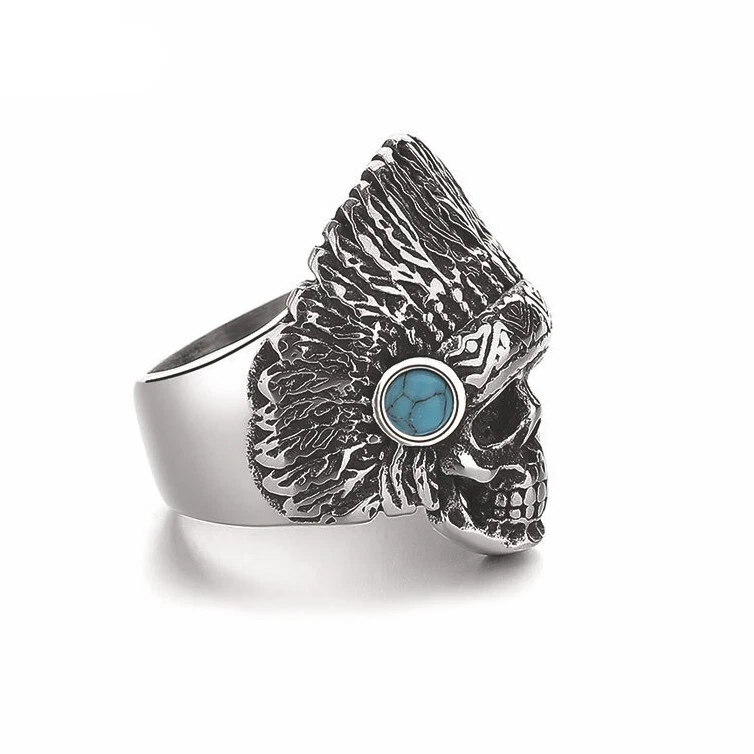 Anillo Jefe Indio Turquesa Azul De Colección Acero Inoxidable Para Hombre Motociclista HipHop Anillo Foto 2 de 4
