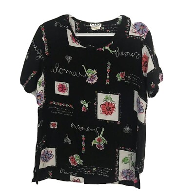 Womens M Black Floral Script Theme Short Sleeve Blouse Square Hem Clio
