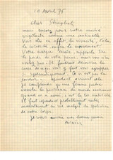 Rare lettre autographe signée du comédien ALAIN CUNY / 1976 -