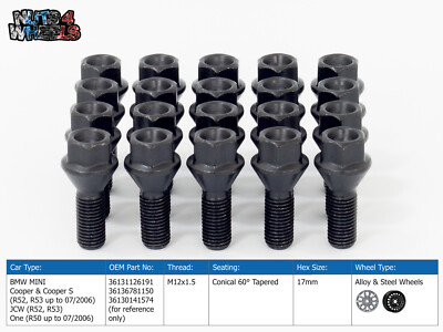 20 x schwarze OEM Style Radschrauben passend für BMW Mini JCW R52 R53 John Cooper Works
