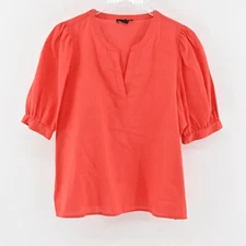 SAKS FIFTH AVENUE Top Womens Size XL Coral Linen Blend Split V Neck Puff  Sleeve