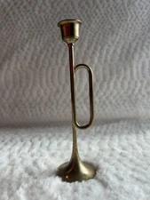 Vintage Brass Trumpet Horn Bugle Shape 8” x 2.25” Candlestick Candle Holder