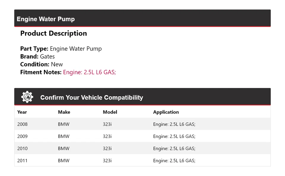 For 2008-2011 BMW 323i 2.5L L6 GAS Engine Water Pump Gates 2009 2010 - Image 2 of 4