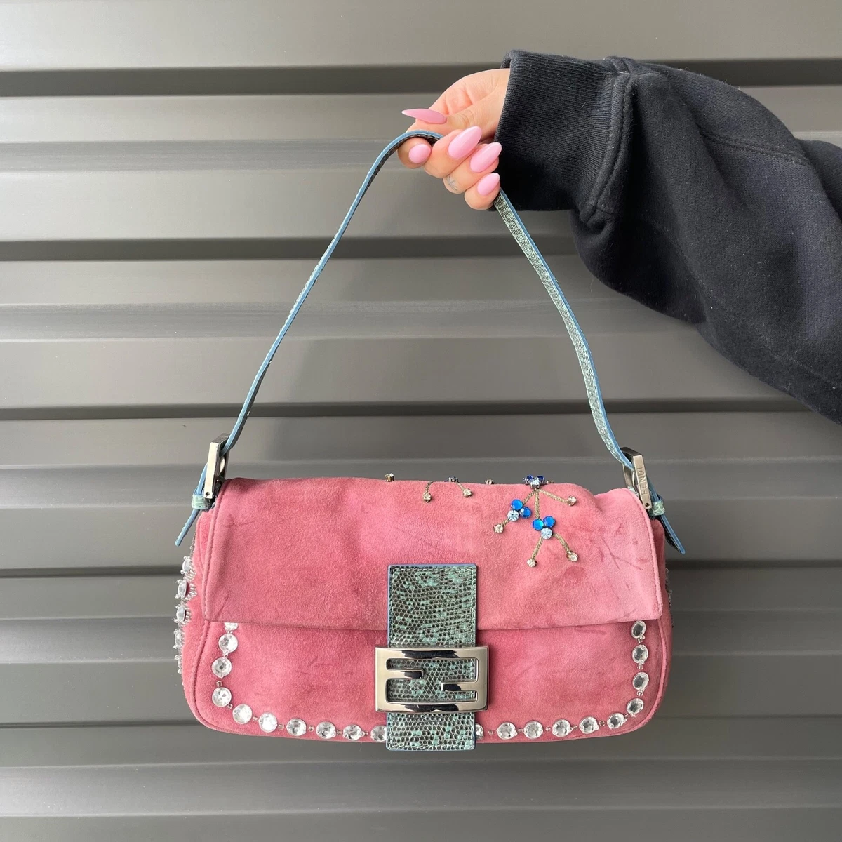 FENDI Vintage Pink Suede Teal Python & Crystal Flower Embroidered Baguette