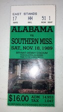 Alabama vs Southern Miss Football game Day ticket Stub. 1989