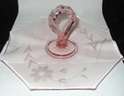 VINTAGE OCTAGON SHAPED PINK ETCHED GLASS HANDLED TIDBIT SERVING DISH