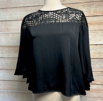 Milly New York Silk Sequin Lace Trim Top Sz 4 S Bell Sleeve Black Sheer Stretch
