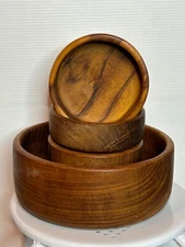 Vintage 1970s MCM Winsome Hand Turned Teak Wood Salad Serving Bowl 5-Piece Set