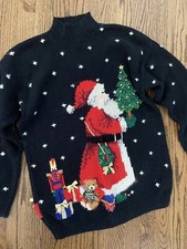Vtg Over The Top Crazy Busy Ugly Christmas Santa Sweater Holy Grail L XL
