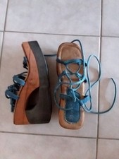 Vintage Y2K Hollow out tie up Denim and wood Wedge sandals size 6.5