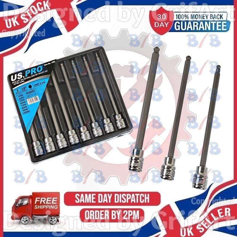 US PRO 8PC LONG 3/8"" DRIVE BALL END HEX BIT SOCKET SET ALLEN KEY METRIC 3MM-10MM