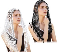 2 Pcs Mass Veil Triangle Mantilla Cathedral Head Covering, Chapel Veil Lace Shaw