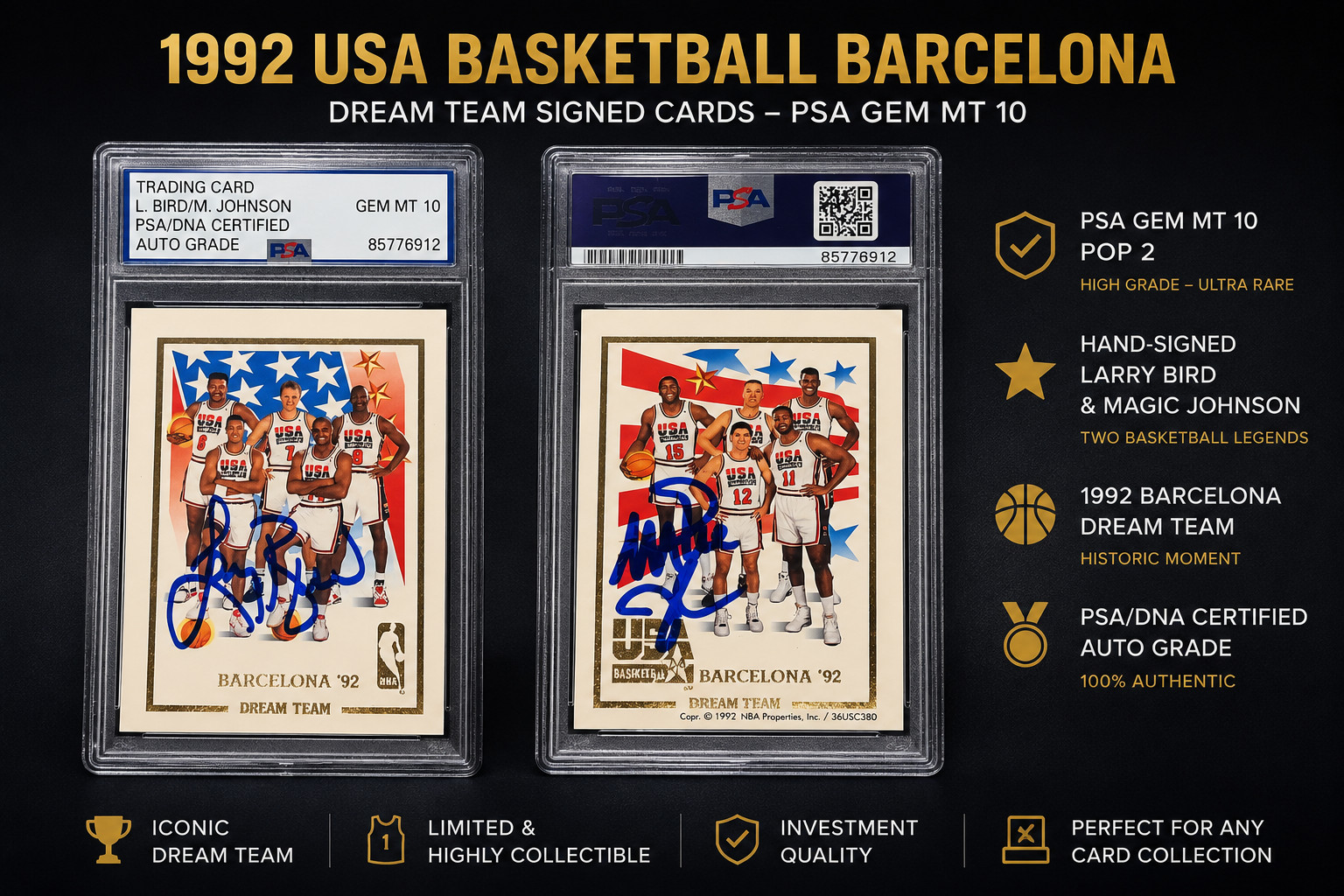 Dream Team + Bird + Magic Johnson + Dual Auto + PSA/DNA + GEM MT 10 + Barcelona