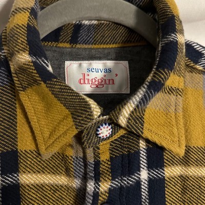 Seuvas diggin Handmade Japanese Flannel Work Shirt Mustard Navy Plaid V Rare 