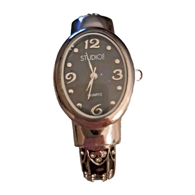 Studio Women's 8'' Cuff Bangle Watch Silvertone Black Gemmed Band New Battery 