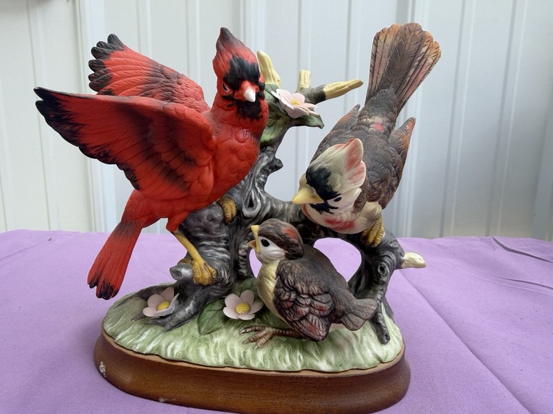 Resin Bird Figurine Cardinal & Birds Group on Wooden Base Multicolor