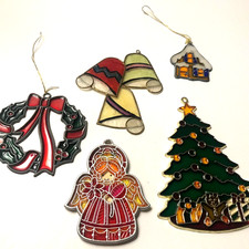 Christmas Ornaments Vintage Plastic Stained Glass Tree Angel Bells Wreath House