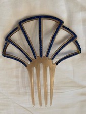 Vintage Celluloid Ladies Large Hair Comb Fan Curved Blue Rhinestones 5" W   A