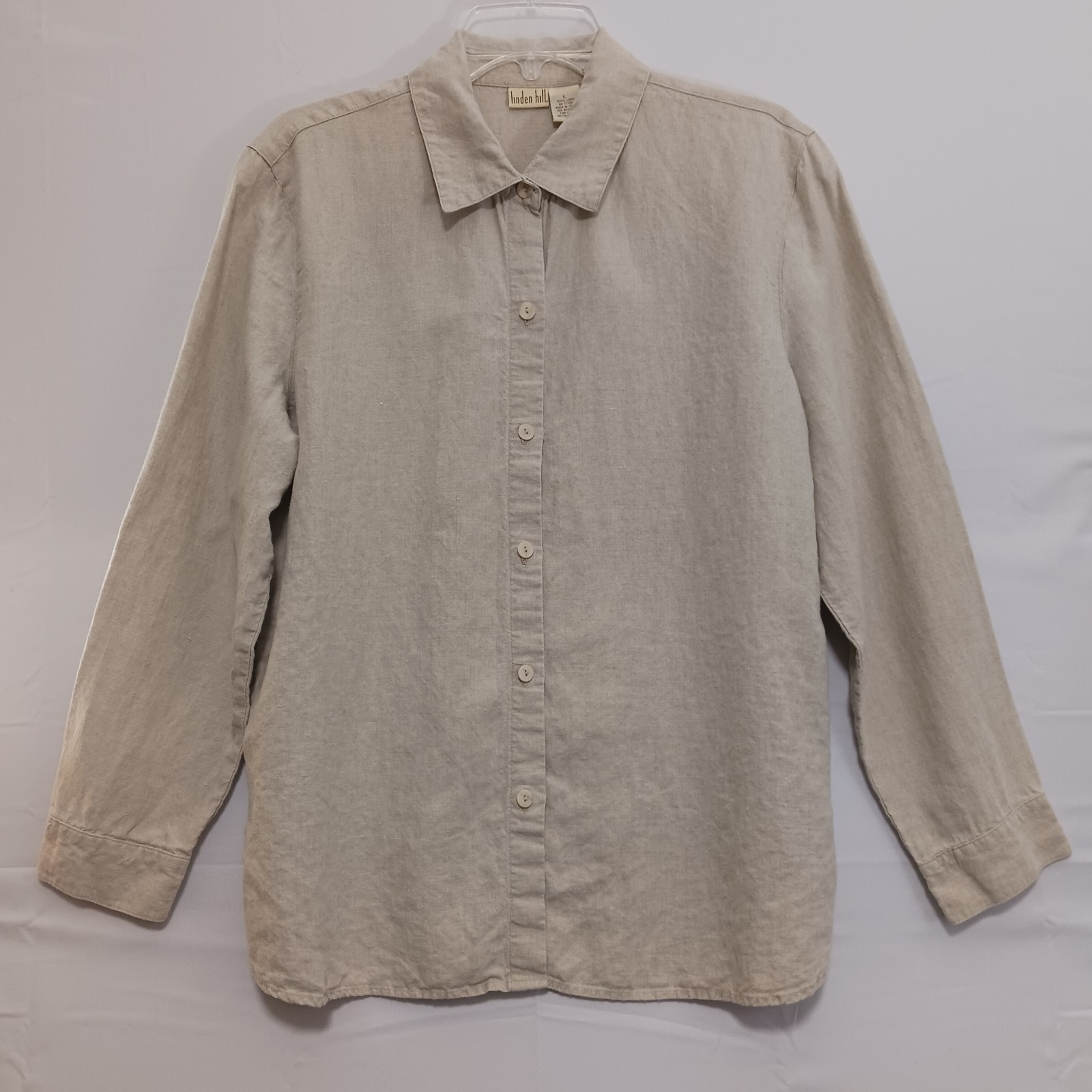 Linden Hill Women's 100% Linen button up long sleeve shirt Sz L  Beige color