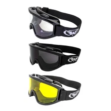 3 Pair GLOBAL VISION Windshield Padded Goggles Clear Smoke & Yellow Lens