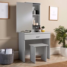 Grey Dressing Table Set With Sliding Storage Vanity Mirror and Stool SECONDS