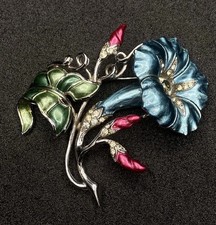 Vintage MB BOUCHER Flower Blue Pink Green Metallic Enamel Rhinestones Pin Brooch