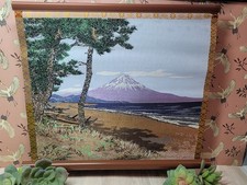 Vtg Japanese Silk Embroidered Wall Art Tapestry Ready To Frame Mt Fujii w Beach