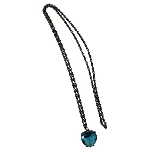 Vintage dunkles Metall Kettenglied Halskette blau Herz Strass Anhänger Schmuck - Bild 6 von 10