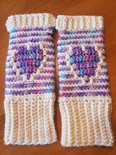 Womens Handmade Crochet Mosaic Multicolor Heart Fingerless Gloves