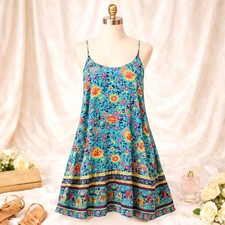 Qearal Colorful Boho Print Mini Sundress Adjustable Straps Size M