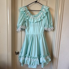 Vintage Large Square Dance Dress Mint Green Lace Prairie Western Cottagecore