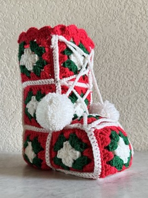 Vintage Handmade Crochet Christmas Boot Stocking Granny Square Pom Cottagecore