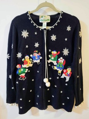 Vtg 90s Quacker Factory Zip Ugly Christmas Sweater Snowmen Snowflake Size Small
