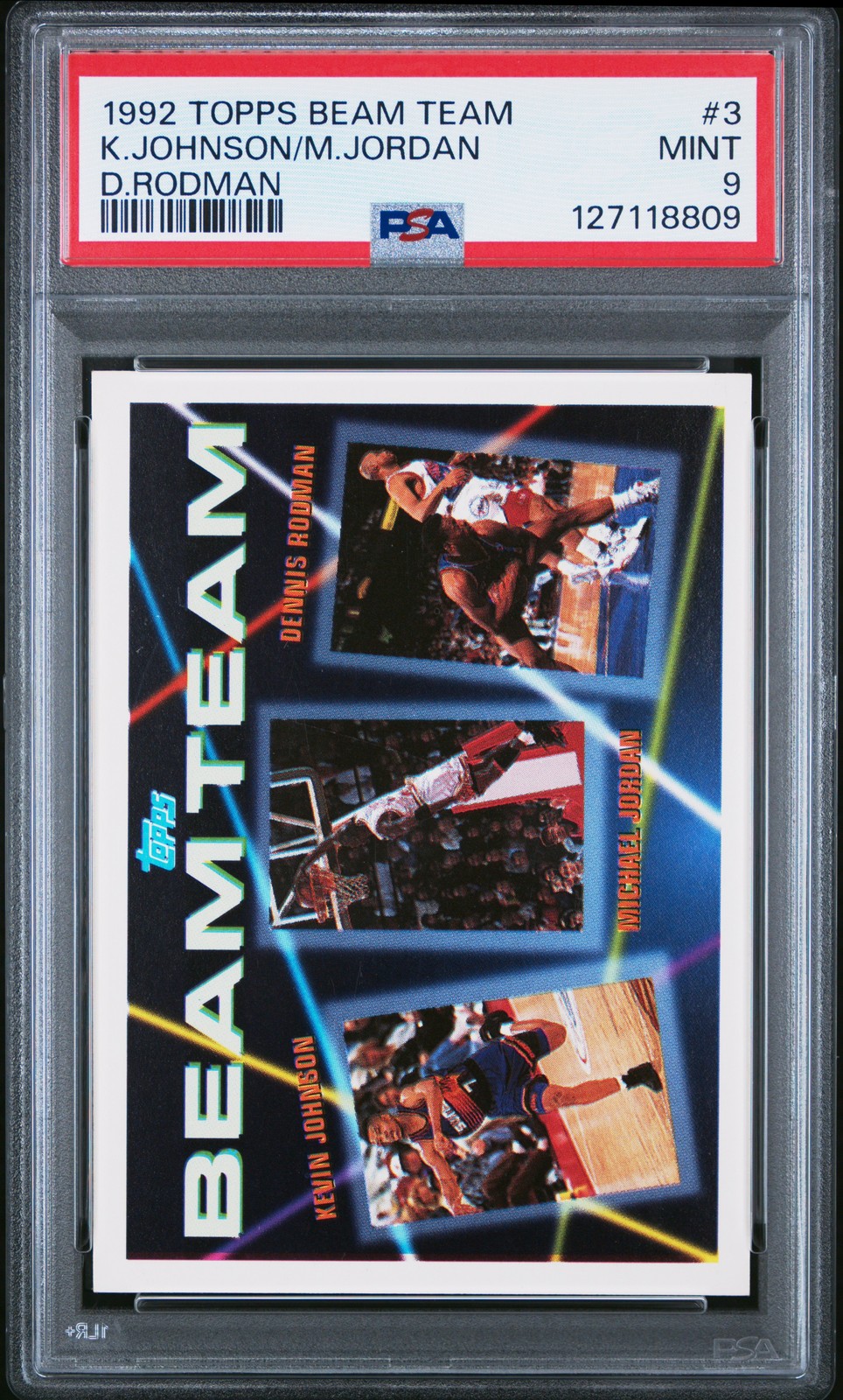 1992 TOPPS BEAM TEAM #3 DENNIS RODMAN/KEVIN JOHNSON/MICHAEL JORDAN PSA 9