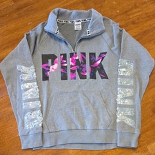Victoria's Secret Pink Bling Floral Quarter Zip Pullover Gray Silver Logo - S