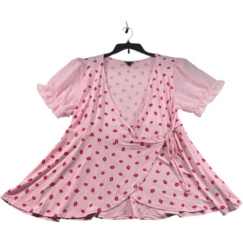 Torrid Wraped Blouse Womens Size 2 Pink Kisses Short Sleeve Stretch - Picture 1 of 7