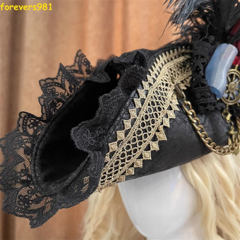 Retro Pirata Tricorne Sombrero Mujeres Utilería Juegos con disfraces Escenario Rendimiento Disfraz Accesorios Foto 3 de 4