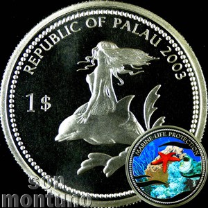 2003 Palau $1 CRAB /& MERMAID Marine Life Protection Silver Plated Copper Coin