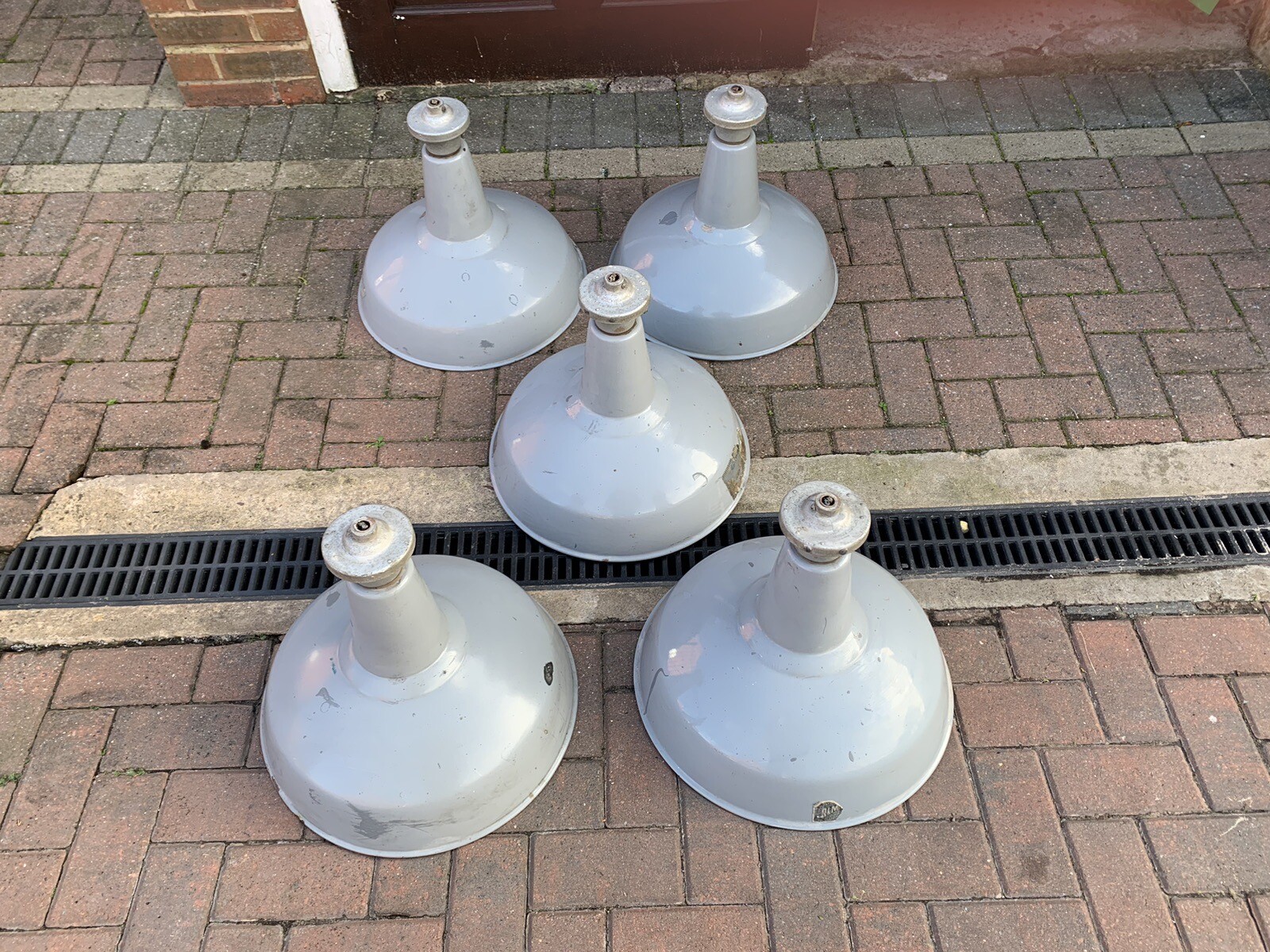 VINTAGE ORIGINAL LARGE GREY INDUSTRIAL MID CENTURY ENAMEL CEILING LAMP