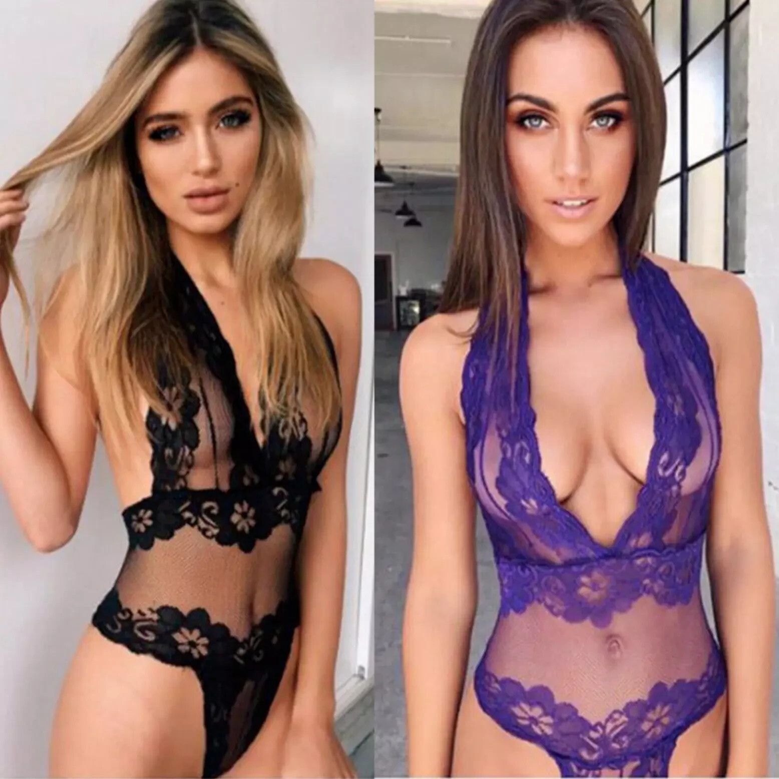 Sexy Lace Teddy Bodysuit See-Through Lingerie Dress for Women