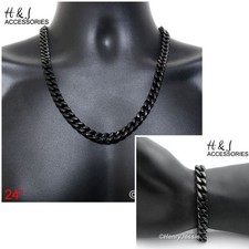 24"MEN Stainless Steel HEAVY 9mm Black Plated Cuban Curb Necklace Bracelet SET