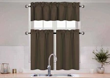  3 Pieces Solid Color Kitchen Curtain Set Tier and Valence with Rod Choclate