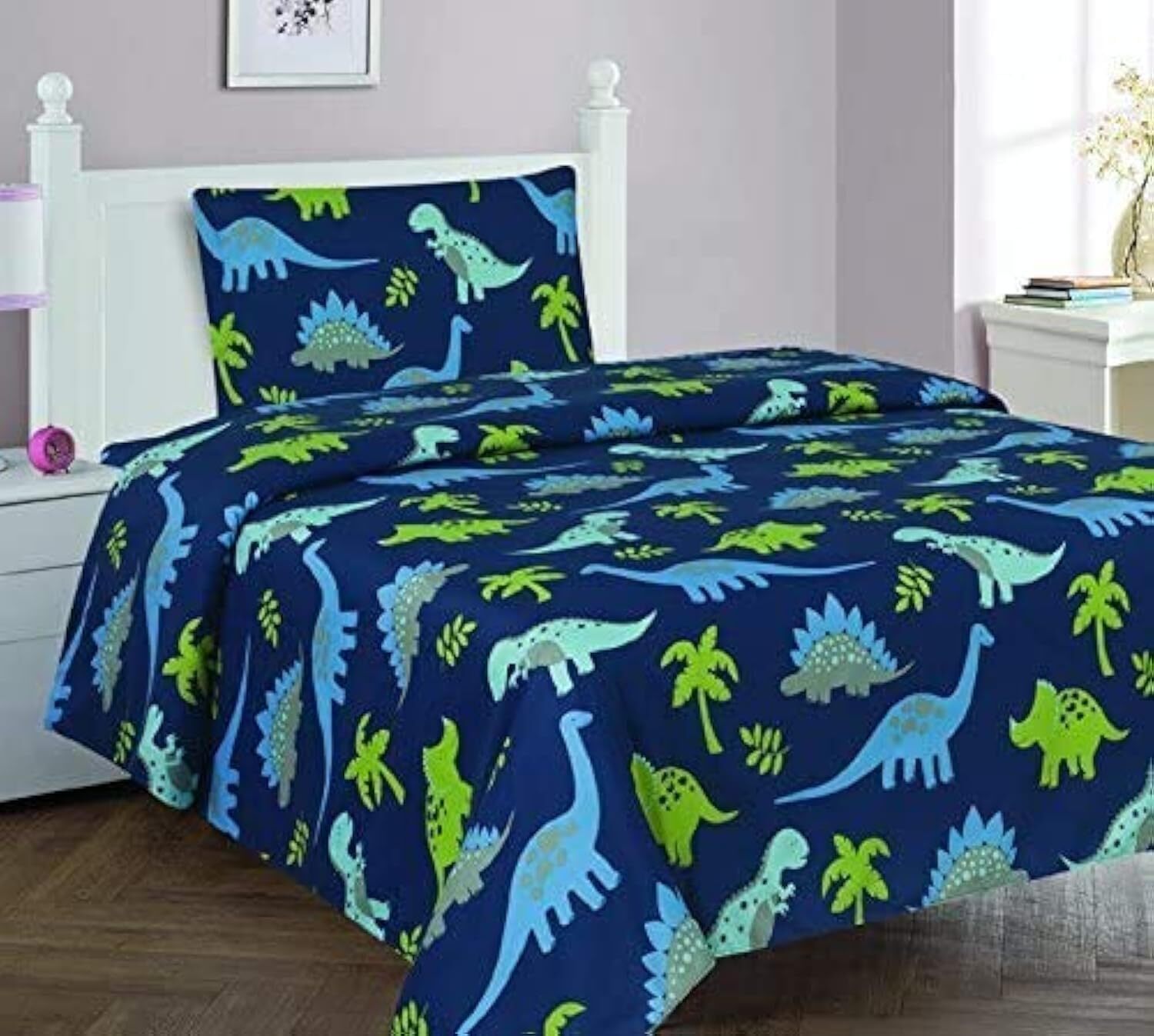 Dinosaurs Design Multicolor Dark Blue Green Sheet Set with Pillowcase Flat Fi...
